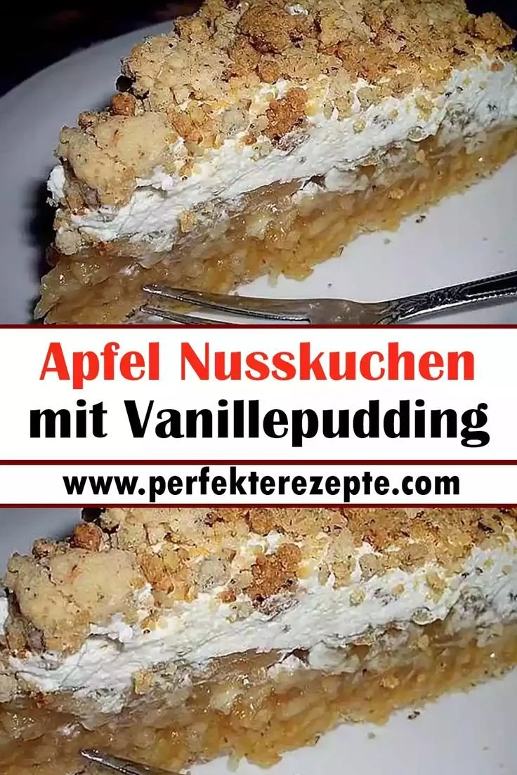 Apfel Nusskuchen mit Vanillepudding auf einem Teller serviert