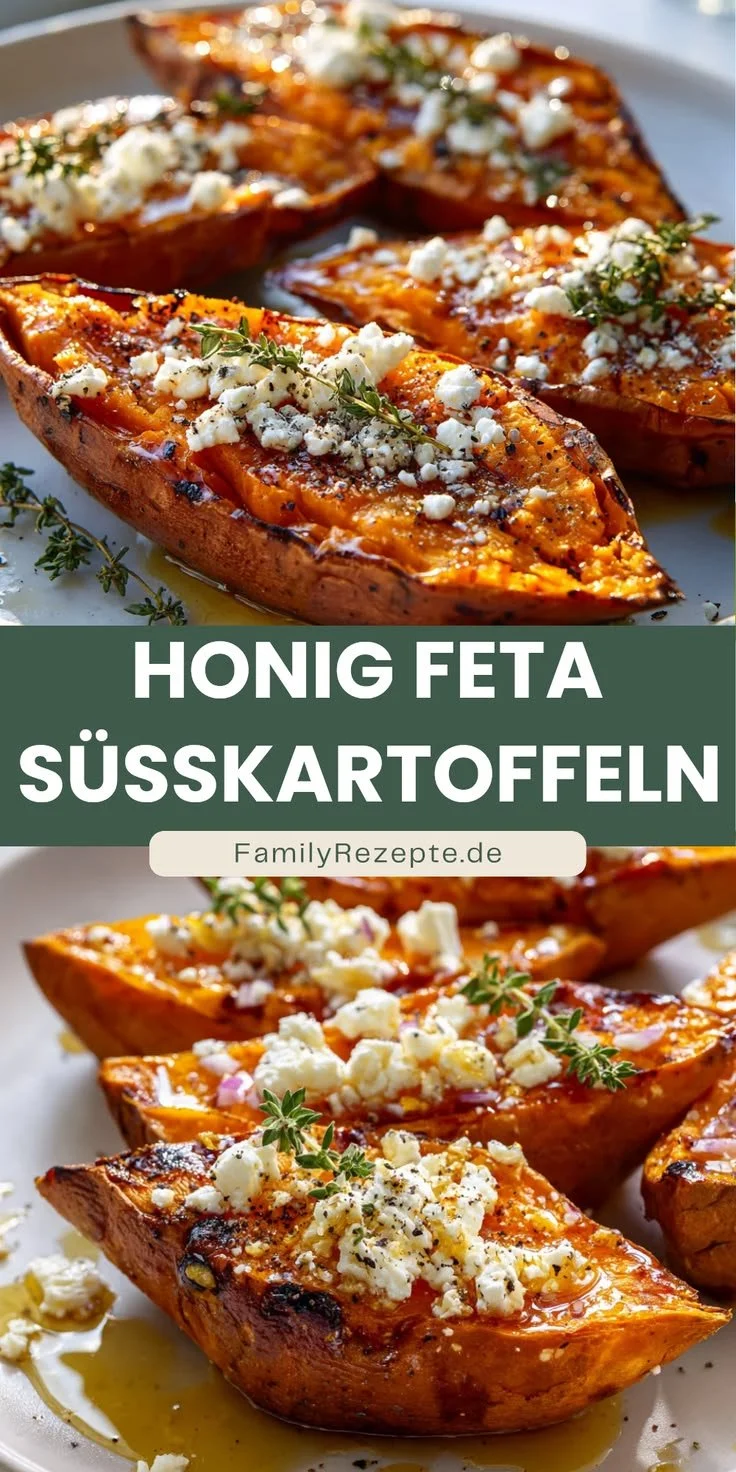 Bezaubernde gebackene Süßkartoffeln mit Honig und Feta auf einem Teller