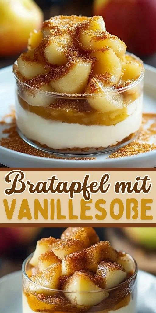 Bratapfel mit Vanillesoße auf einem Teller, dekoriert mit Zimt und Nüssen