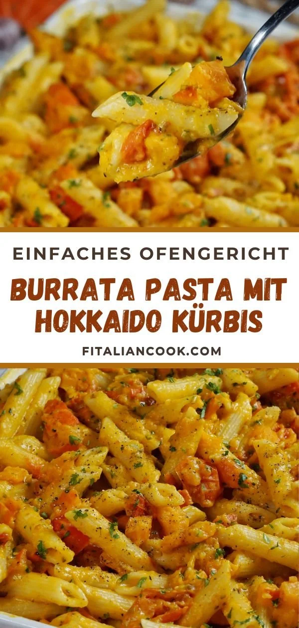 Köstliches Burrata Pasta mit Kürbis - herbstliches Ofengericht in einer Schüssel