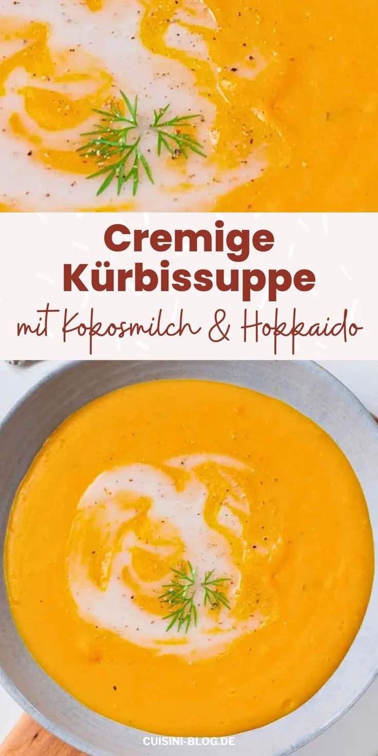 Cremige Kürbissuppe mit Kokosmilch in einer Schüssel, garniert mit frischen Kräutern