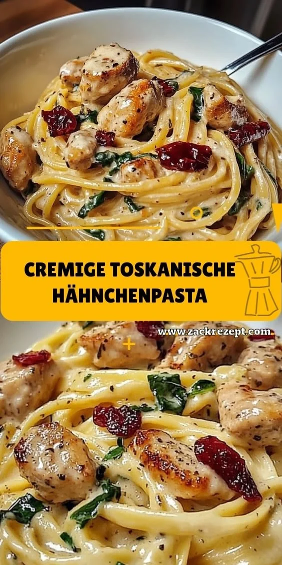 Cremige toskanische Hähnchenpasta serviert in einer weißen Schüssel