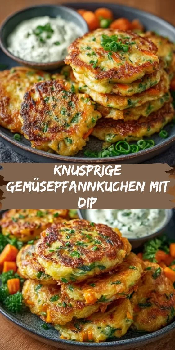 Leckere Gemüsepfannkuchen mit Kräuterdip auf einem Teller serviert