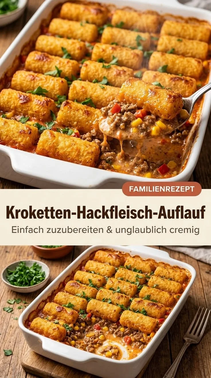 Sucht machender Kroketten-Auflauf mit knusprigen Kroketten und köstlicher Füllung.