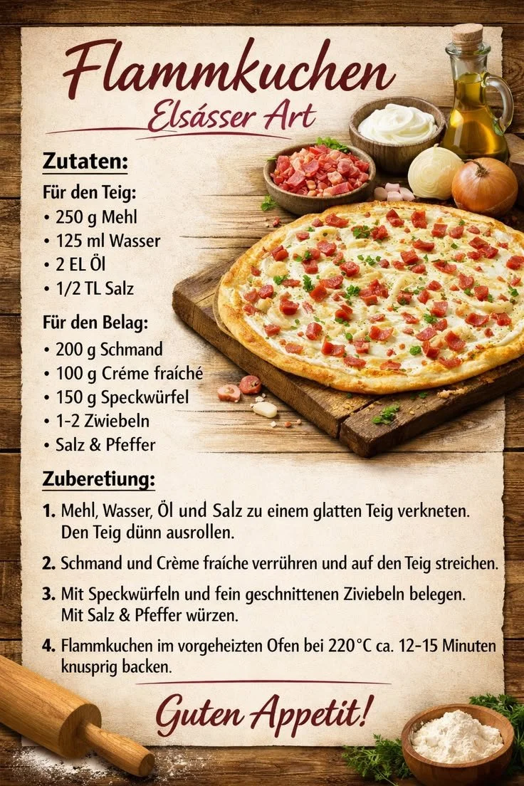 Ein frisch gebackener Flammkuchen mit verschiedenen Belägen auf einem Holzbrett.