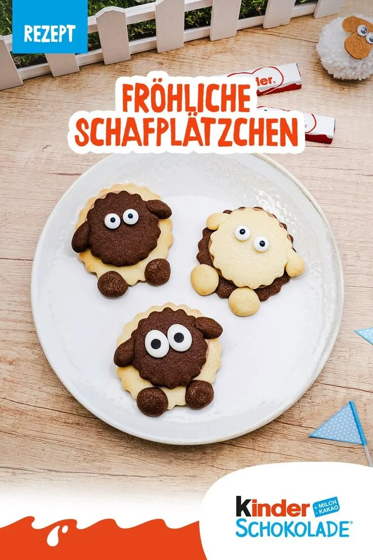 Fröhliche Schafplätzchen mit Kinder Schokolade, ideal für Feste und Kindergeburtstage.