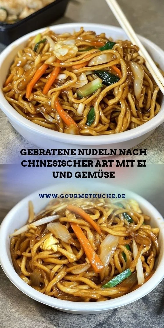 Gebratene Nudeln nach chinesischer Art mit Ei und Gemüse auf einem Teller