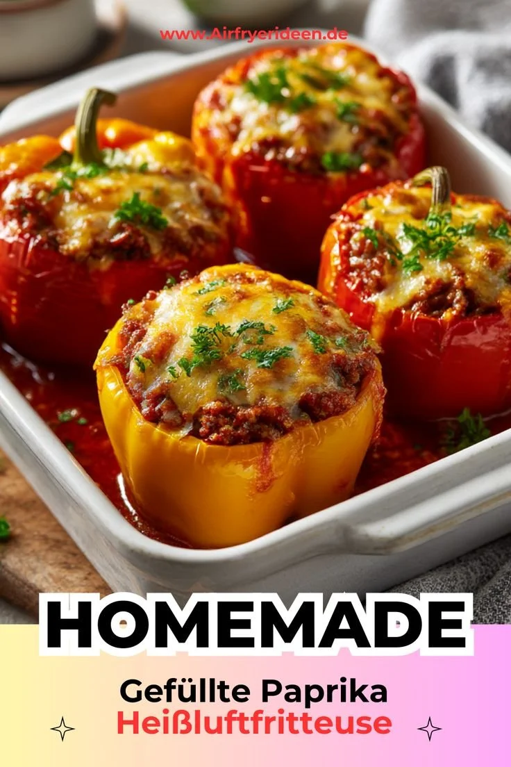 Gefüllte Paprika im Airfryer mit Hackfleisch und Käse überbacken