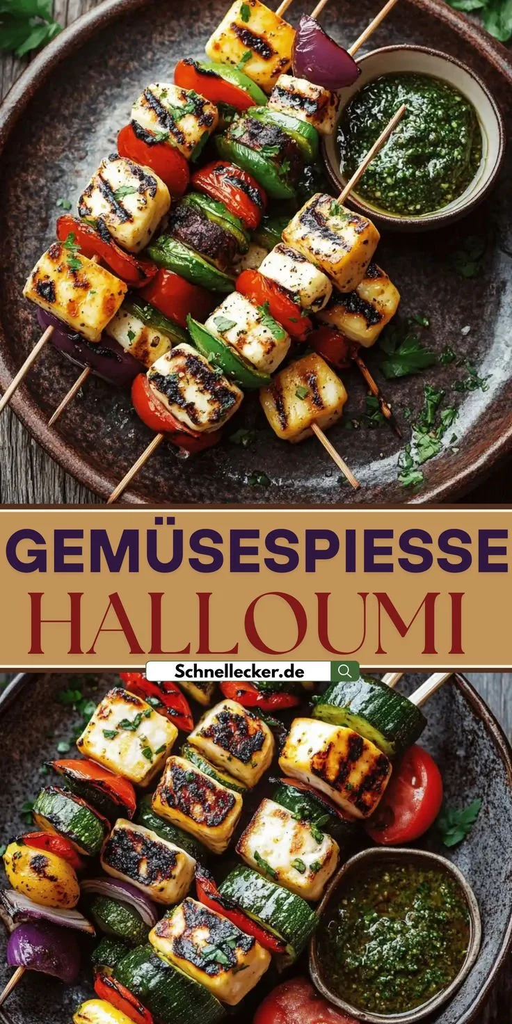 Gegrillte Halloumi-Gemüsespieße mit frisch zubereitetem Chimichurri.