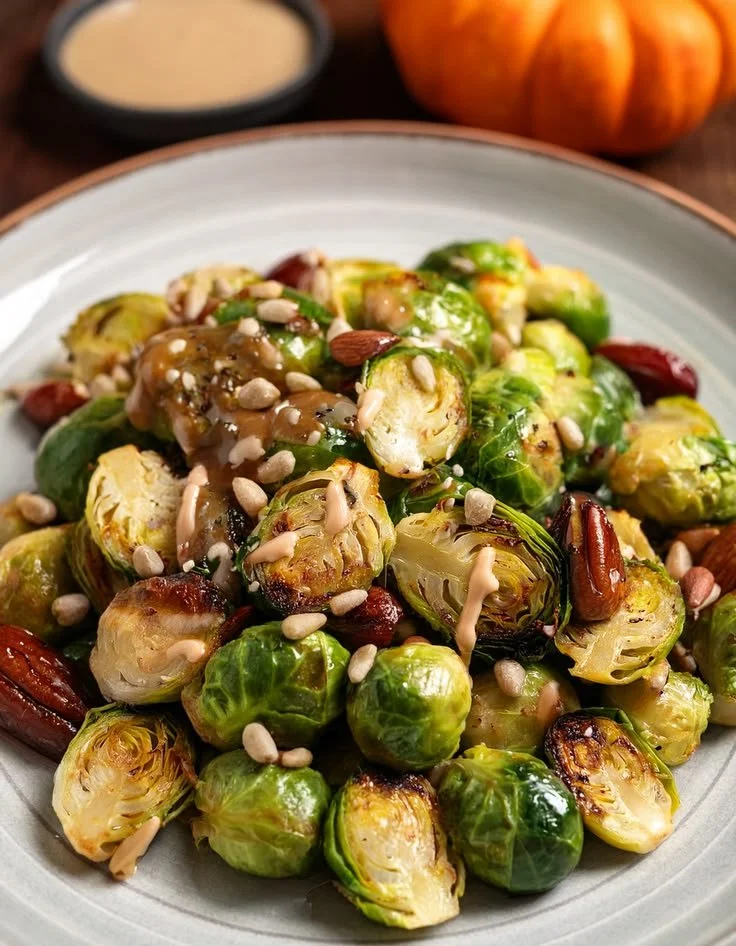 Gerösteter Rosenkohl mit Datteln und Pinienkernen, verfeinert mit Tahini-Dressing