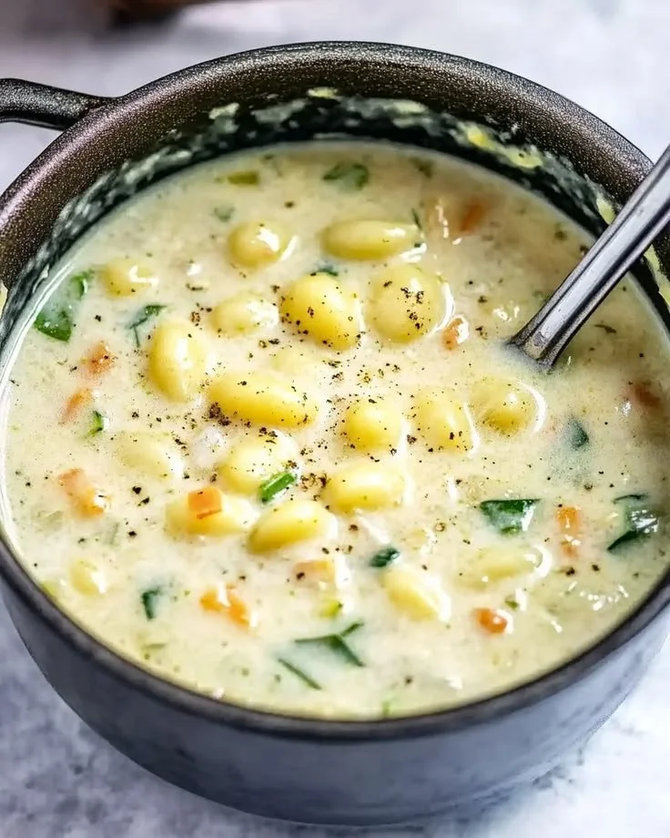Gnocchi-Suppe mit frischem Gemüse in einer Schüssel serviert.