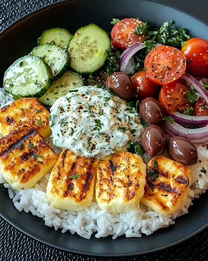 Griechische Halloumi-Bowl mit Tzatziki und frischem Gemüse