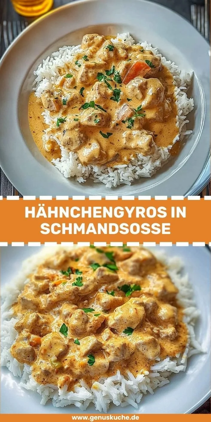 Hähnchengyros in Schmandsoße auf einem Teller serviert.