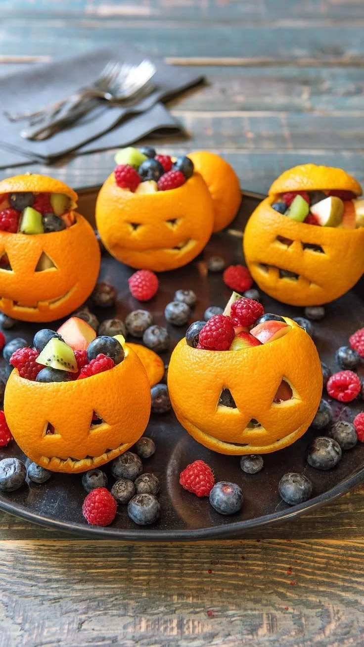 Gruselige Halloween Snacks auf einem Tisch für eine Party.
