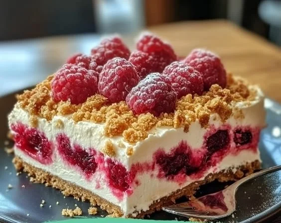 Himbeer Streusel Kuchen mit Joghurt Cheesecake auf einem Teller