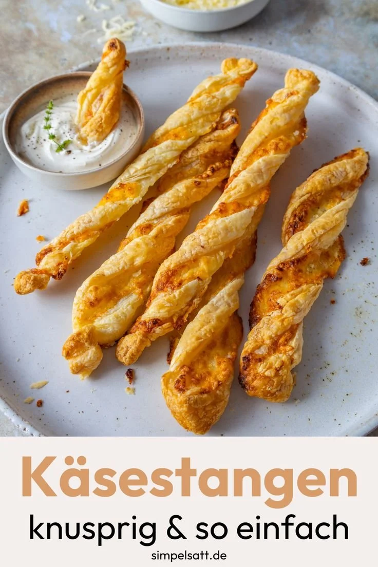Selbstgemachte Käsestangen aus Blätterteig auf einem Holzbrett