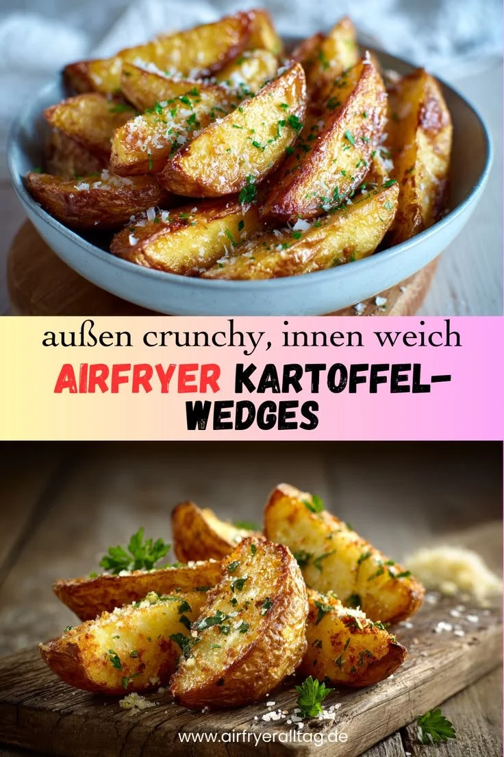 Knusprige Kartoffel-Wedges aus Heißluftfritteuse auf einem Teller serviert