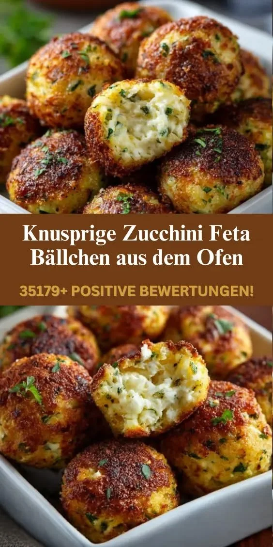 Knusprige Zucchini Feta Bällchen frisch aus dem Ofen auf einem Teller.
