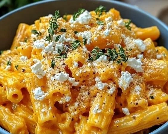 Leckere Kürbis Feta Pasta auf einem Teller angerichtet