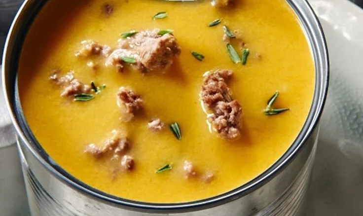 Herzhafte Kürbissuppe mit Hack auf einem Holzbrett serviert.