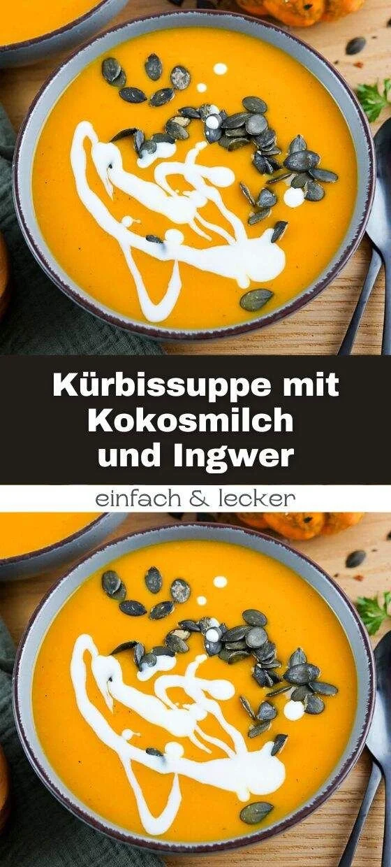 Kürbissuppe mit Kokosmilch und Ingwer in einer Schüssel serviert.
