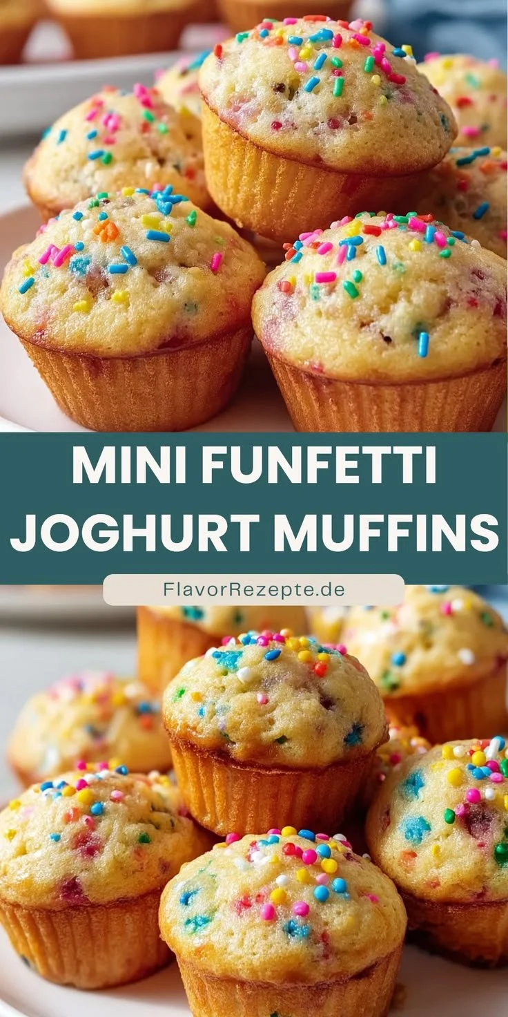 Delicious homemade Mini Funfetti Muffins with yogurt and colorful sprinkles.