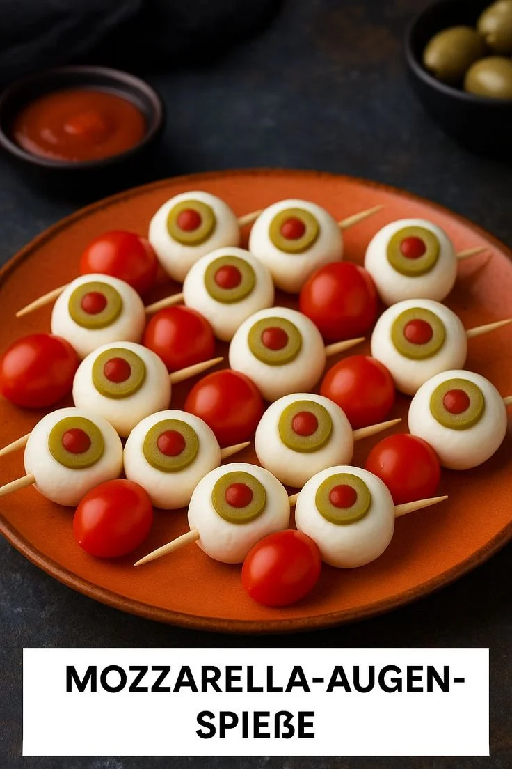 Gruselige Mozzarella-Augen-Spieße für Halloween-Fingerfood