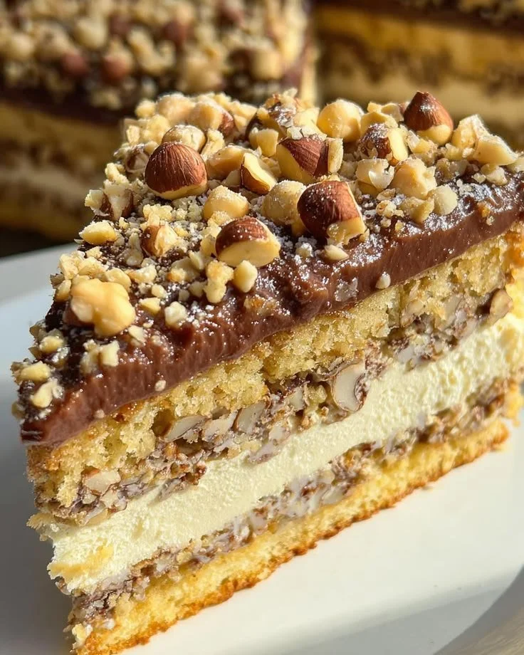Saftiger Nusskuchen mit Nougatcreme auf einem Teller angerichtet.