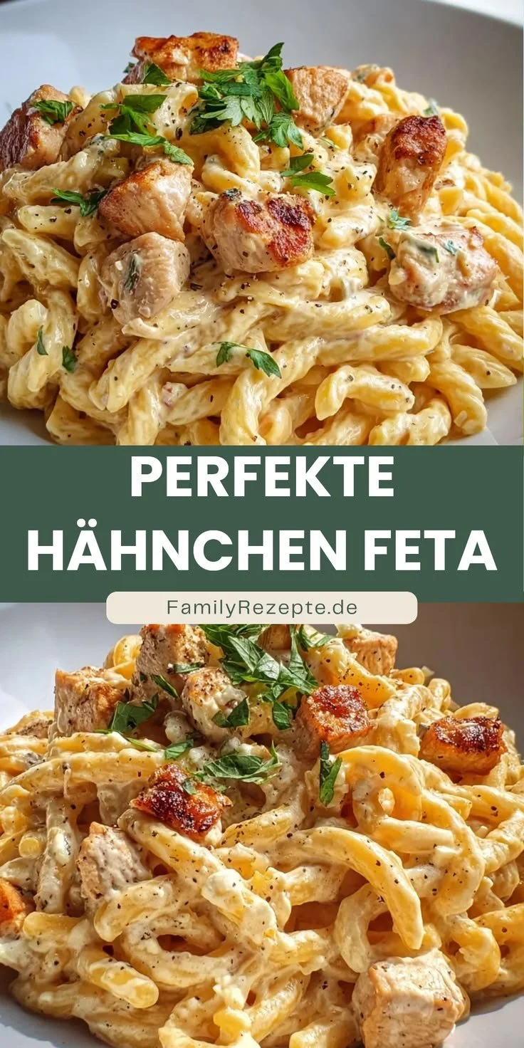 Leckere Hähnchen Feta Pasta mit cremiger Soße auf einem Teller