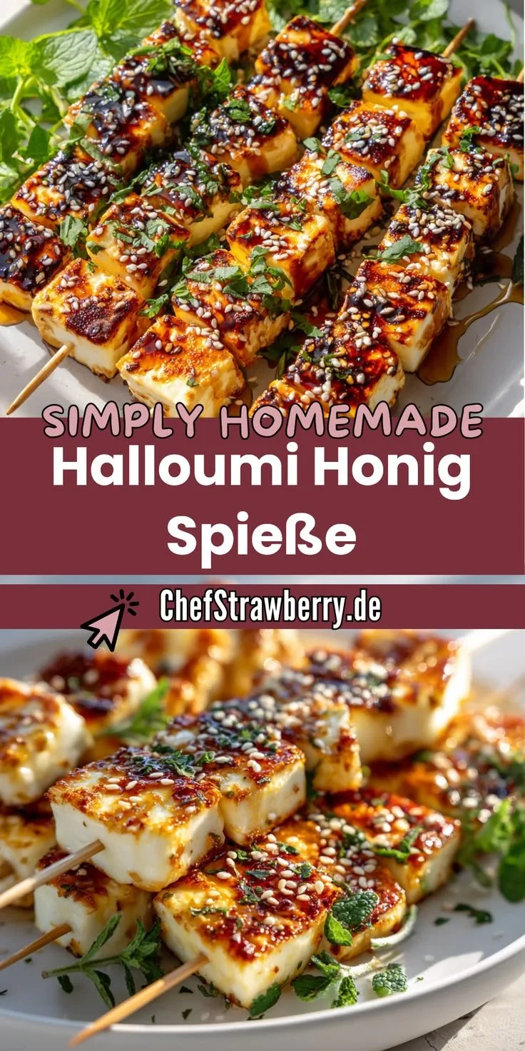 Leckere Halloumi Spieße mit Honig Glasur auf einem Grill