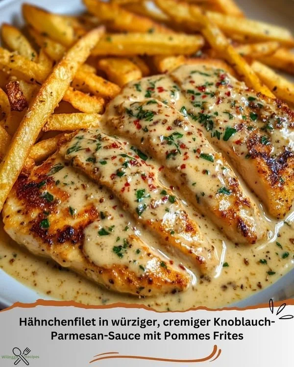 Hähnchenfilet in Knoblauch-Parmesan-Sauce mit Pommes Frites serviert