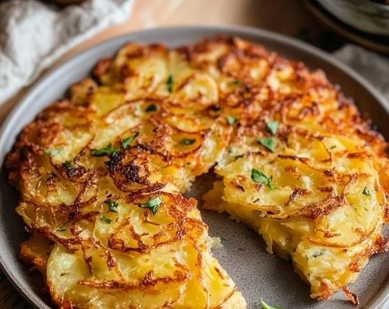 Knusprige Rösti aus dem Backofen auf einem Teller serviert.