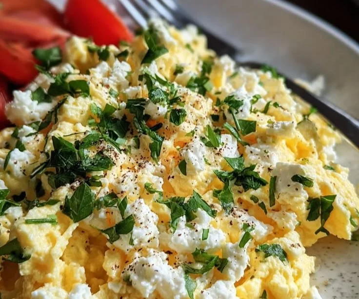 Rührei mit Hüttenkäse auf einem Teller für gesundes Frühstück