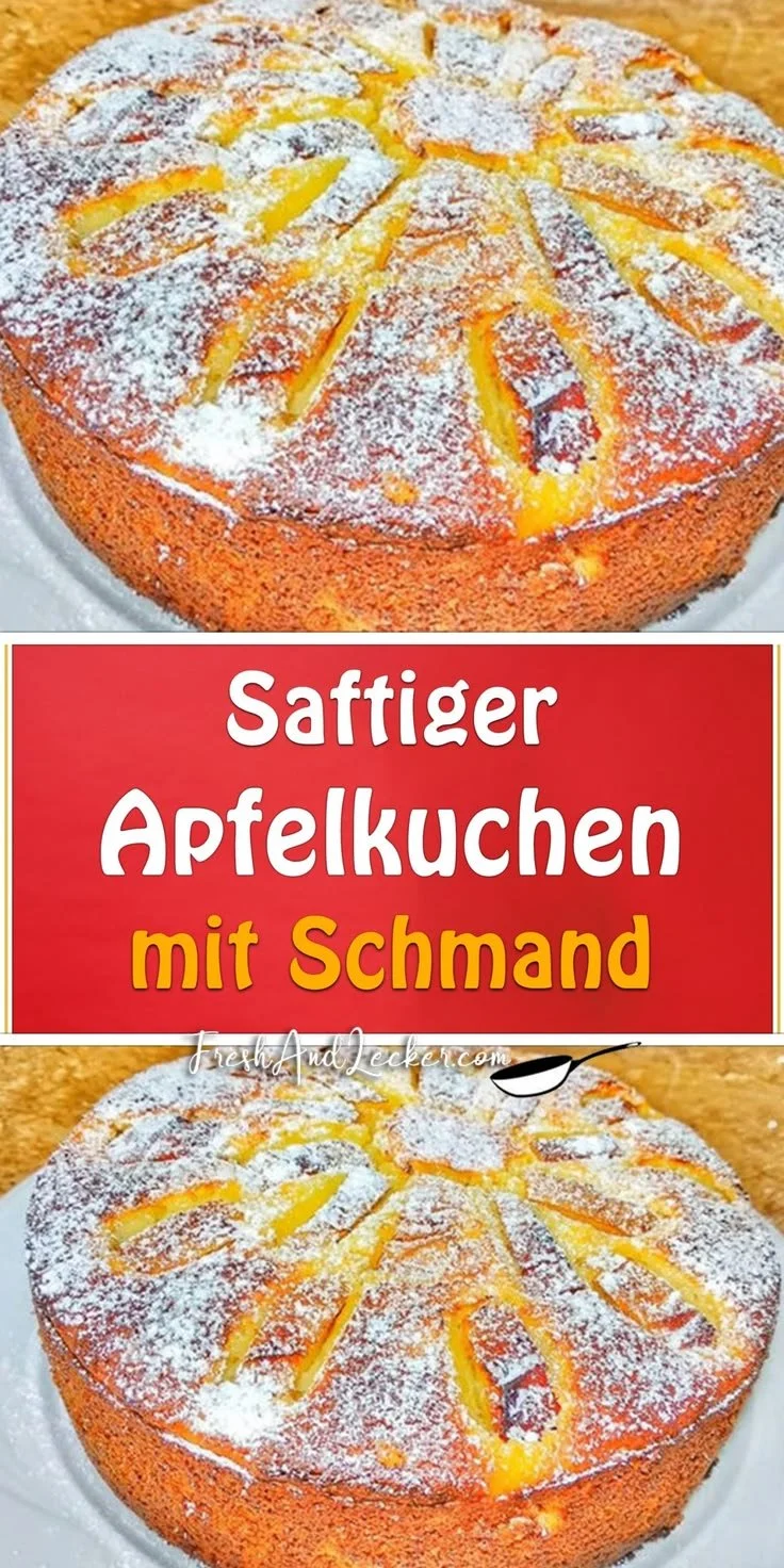 Saftiger Apfelkuchen mit Schmand auf einem Teller serviert