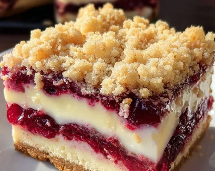 Saftiger Käsekuchen mit Kirschen und Streuseln auf einem Teller