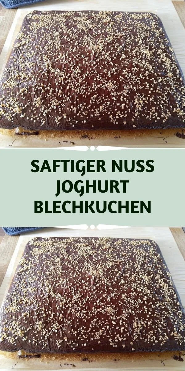 Saftiger Nuss Joghurt Blechkuchen auf einem Blech, serviert mit Kaffeetasse