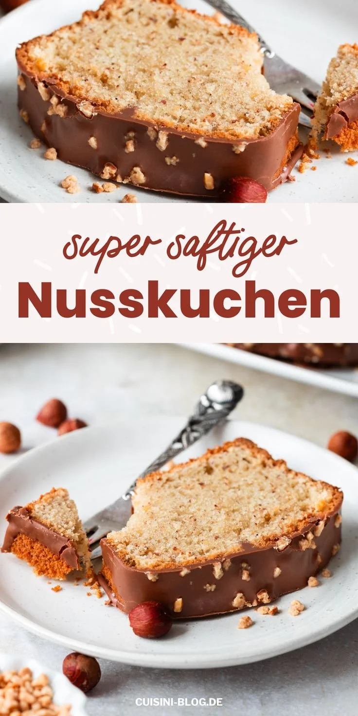 Saftiger Nusskuchen auf einem Teller, frisch gebacken und dekoriert.