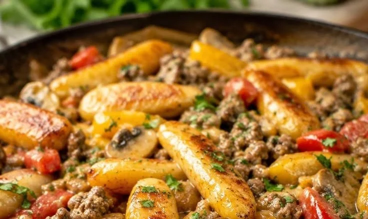 Schupfnudelpfanne mit Hackfleisch, ein einfaches und herzhaftes Gericht.