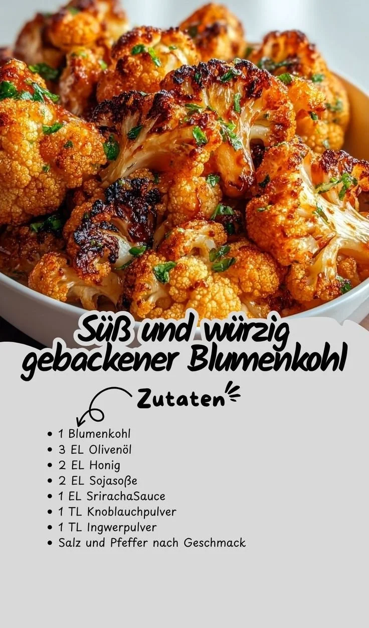 Süß und würzig gebackener Blumenkohl auf einem Teller serviert
