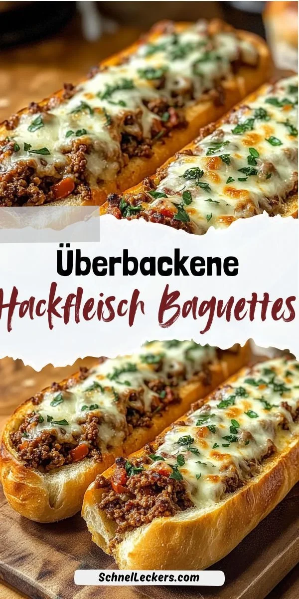 Überbackene Hackfleisch-Baguettes mit Käse und Gewürzen frisch aus dem Ofen
