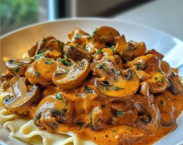 Cremiges ungarisches Pilz Paprikash in einem rustikalen Gericht.