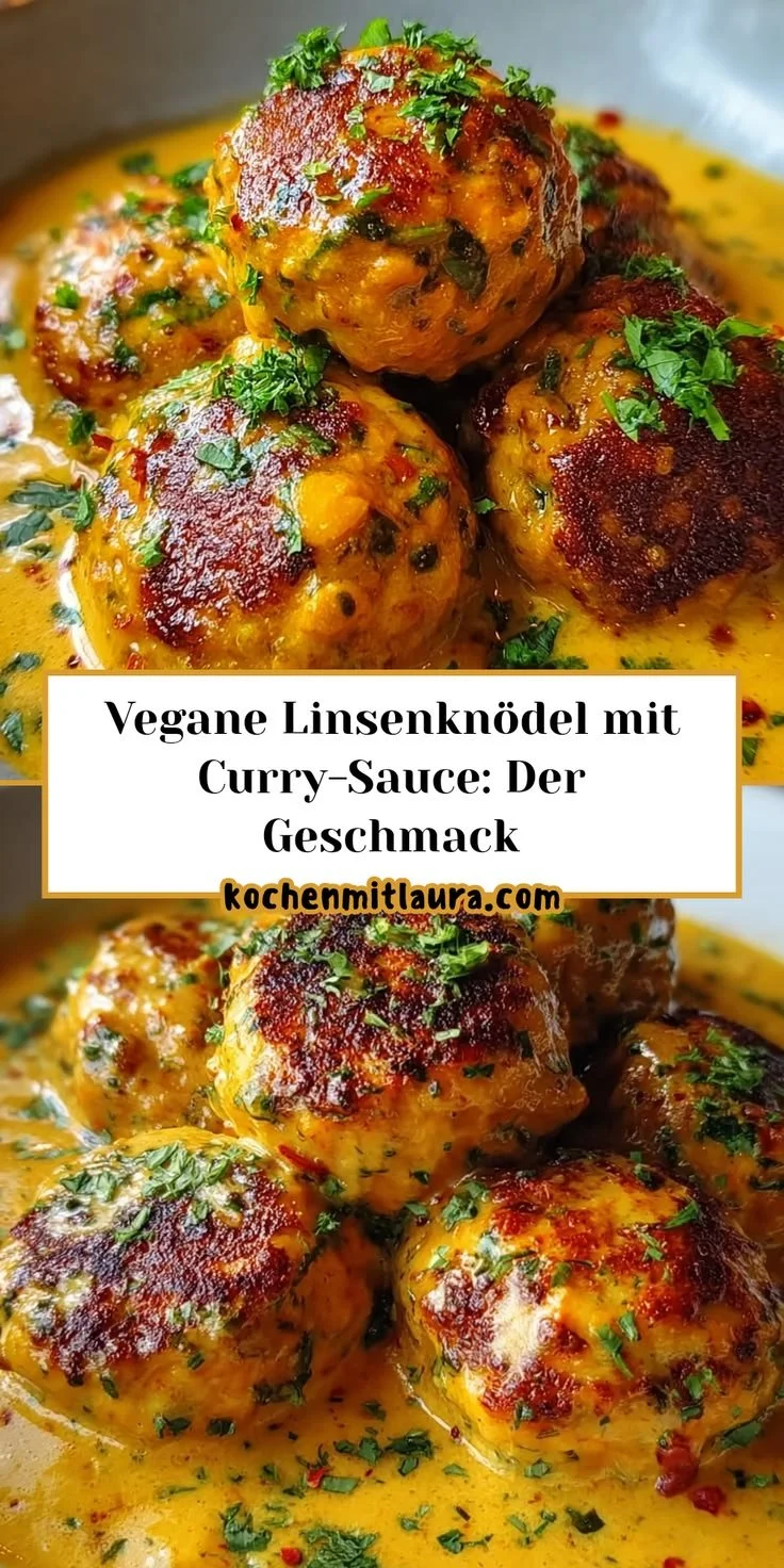 Vegane Linsenknödel mit köstlicher Curry-Sauce auf einem Teller serviert.