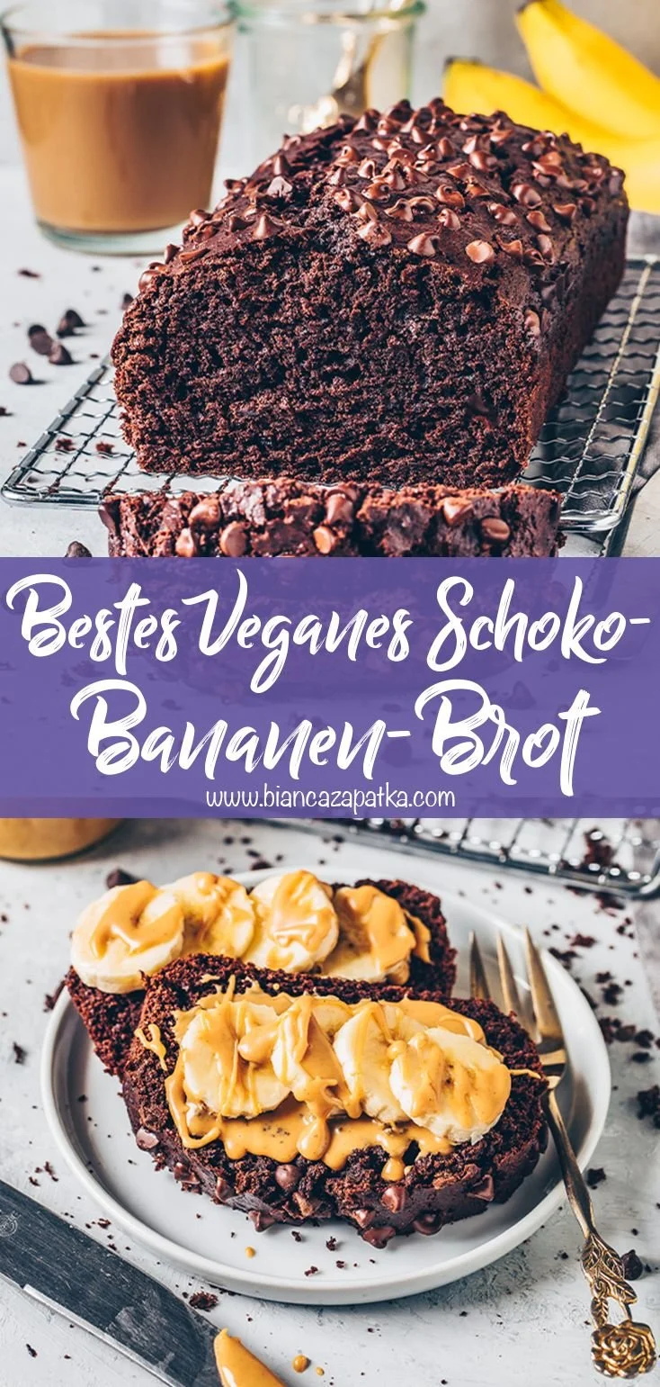 Veganes Schoko-Bananenbrot, saftig und schokoladig, auf einem Holzbrett angerichtet.
