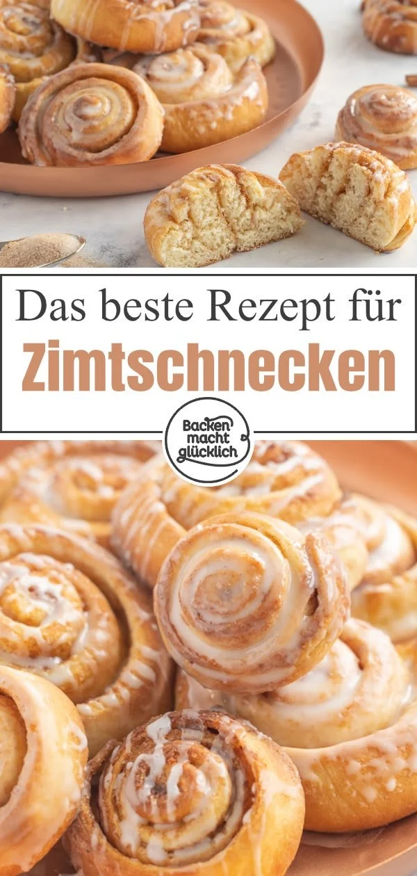 Leckere Zimtschnecken frisch gebacken auf einem Teller.