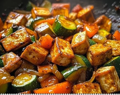 Zucchini-Pfanne mit Tofu und buntem Gemüse in einer Pfanne.