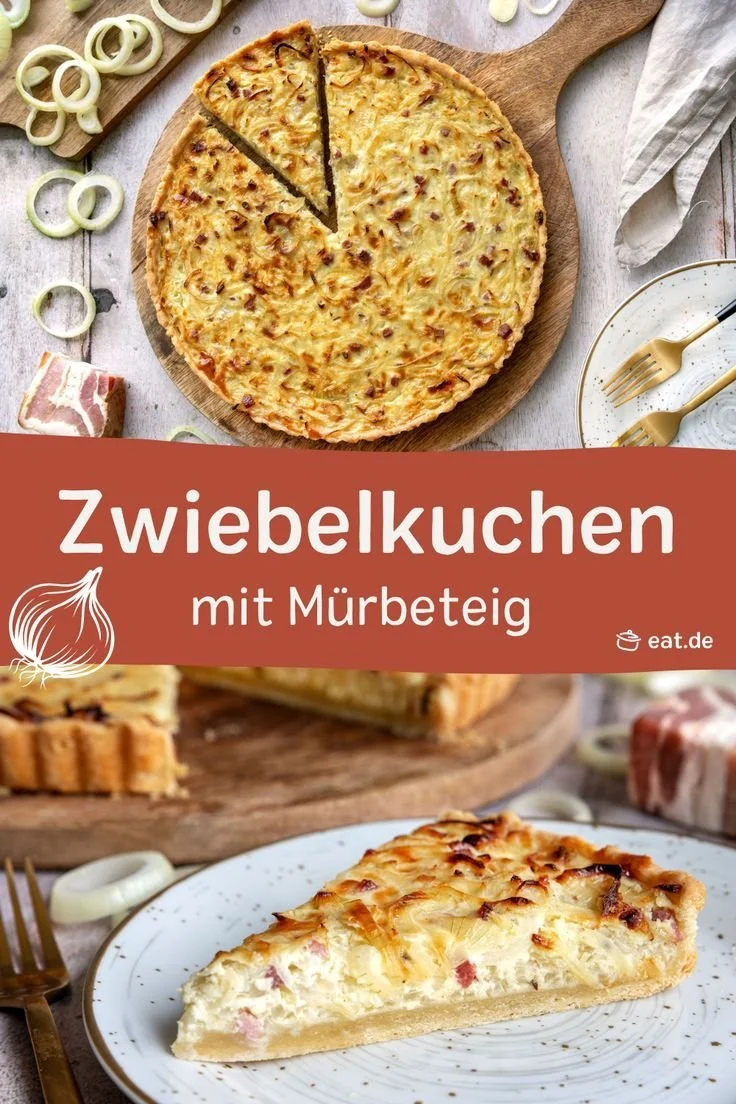 Zwiebelkuchen mit Mürbeteig, frisch gebacken und appetitlich angerichtet.